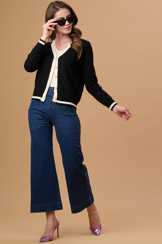 Gipsy Women V-Neck Regular  Full Sleeves Acrylic Fabric Black Cardigan