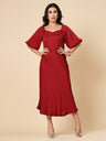 Gipsy Women Maroon Solid Satin Puffed Half Sleeve Sweatheart Maxi Dress