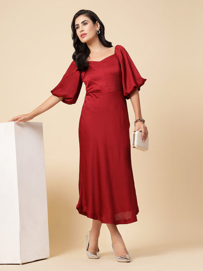 Gipsy Women Maroon Solid Satin Puffed Half Sleeve Sweatheart Maxi Dress