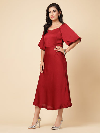 Gipsy Women Maroon Solid Satin Puffed Half Sleeve Sweatheart Maxi Dress
