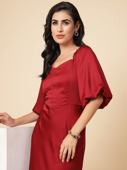 Gipsy Women Maroon Solid Satin Puffed Half Sleeve Sweatheart Maxi Dress