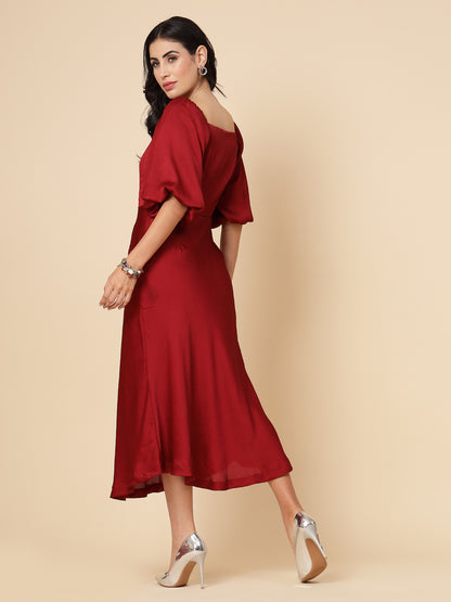 Gipsy Women Maroon Solid Satin Puffed Half Sleeve Sweatheart Maxi Dress