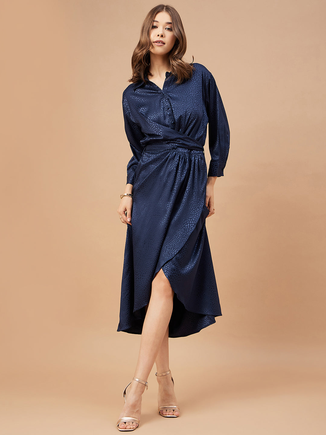 Gipsy Women Blue Grey Print Satin Flutter Sleeve Round Neck Dress