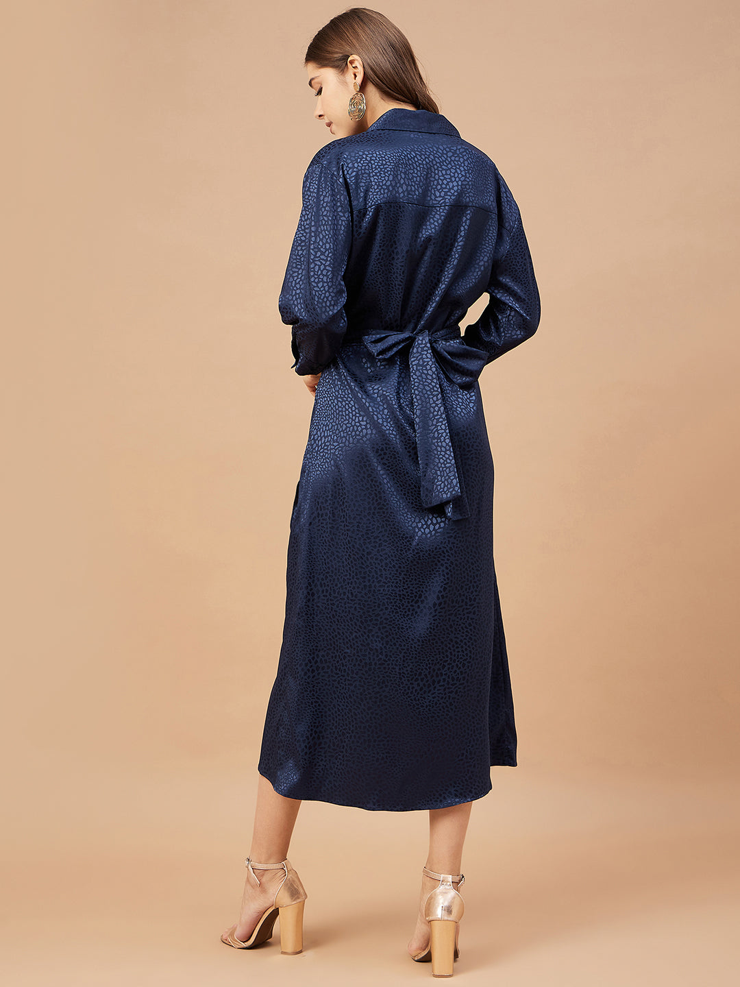 Gipsy Women Blue Grey Print Satin Flutter Sleeve Round Neck Dress
