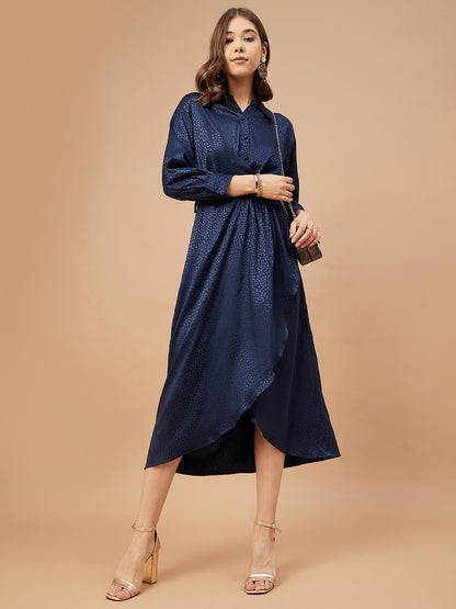 Gipsy Women Blue Grey Print Satin Flutter Sleeve Round Neck Dress