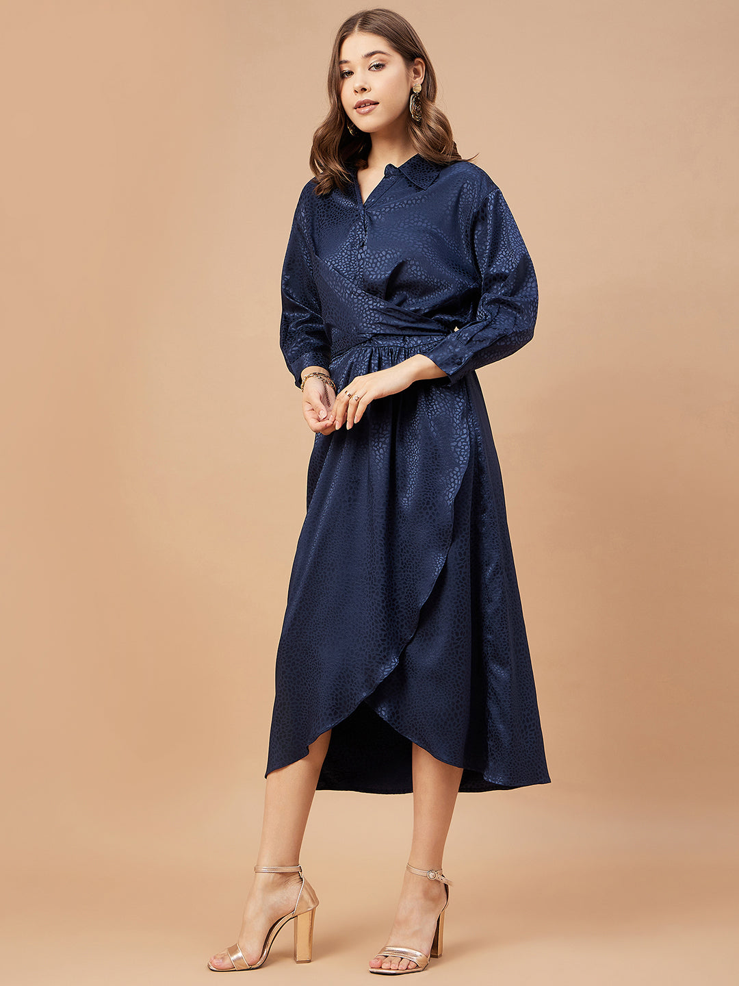 Gipsy Women Blue Grey Print Satin Flutter Sleeve Round Neck Dress