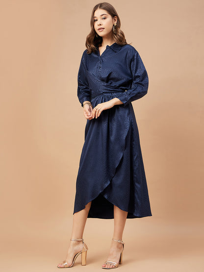 Gipsy Women Blue Grey Print Satin Flutter Sleeve Round Neck Dress