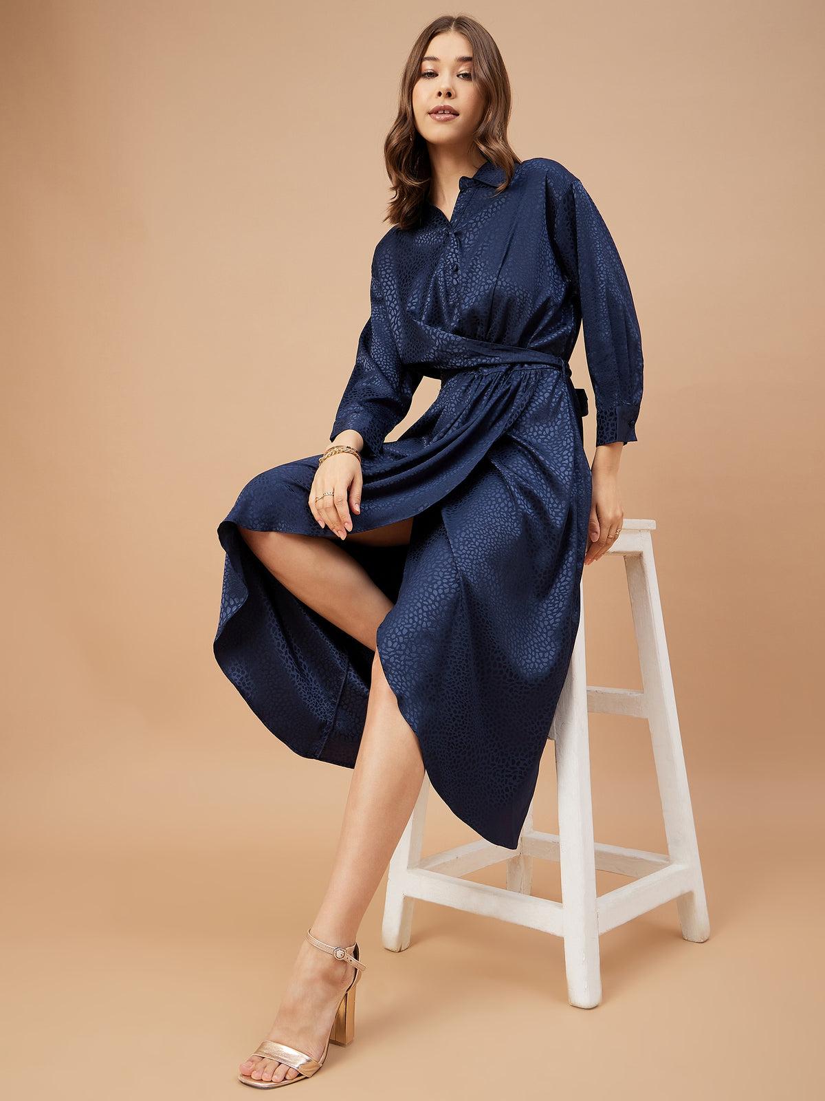 Gipsy Women Blue Grey Print Satin Flutter Sleeve Round Neck Dress