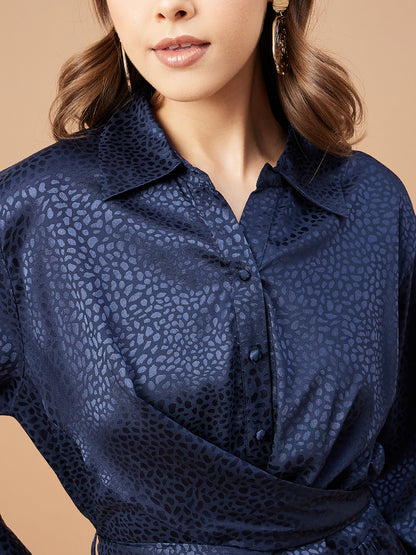 Gipsy Women Blue Grey Print Satin Flutter Sleeve Round Neck Dress