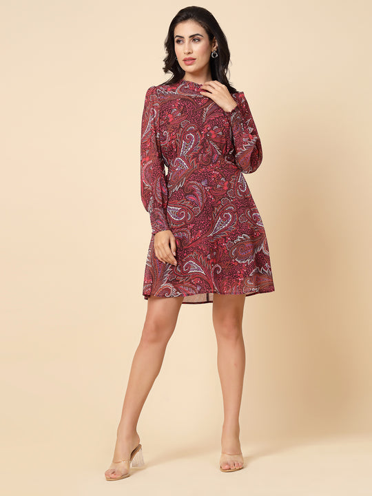 Gipsy Women Maroon Printed Georgette Bishop Full Sleeve Crew Frill Neck Midi Dress