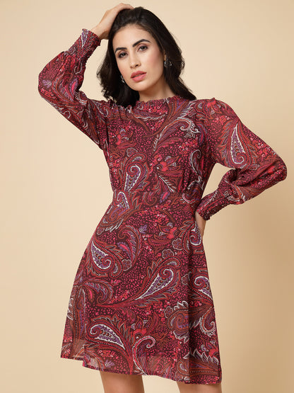 Gipsy Women Maroon Printed Georgette Bishop Full Sleeve Crew Frill Neck Midi Dress