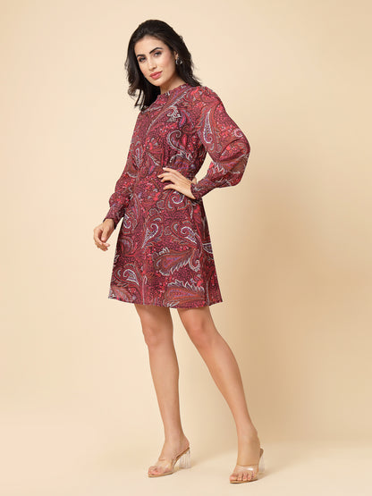 Gipsy Women Maroon Printed Georgette Bishop Full Sleeve Crew Frill Neck Midi Dress