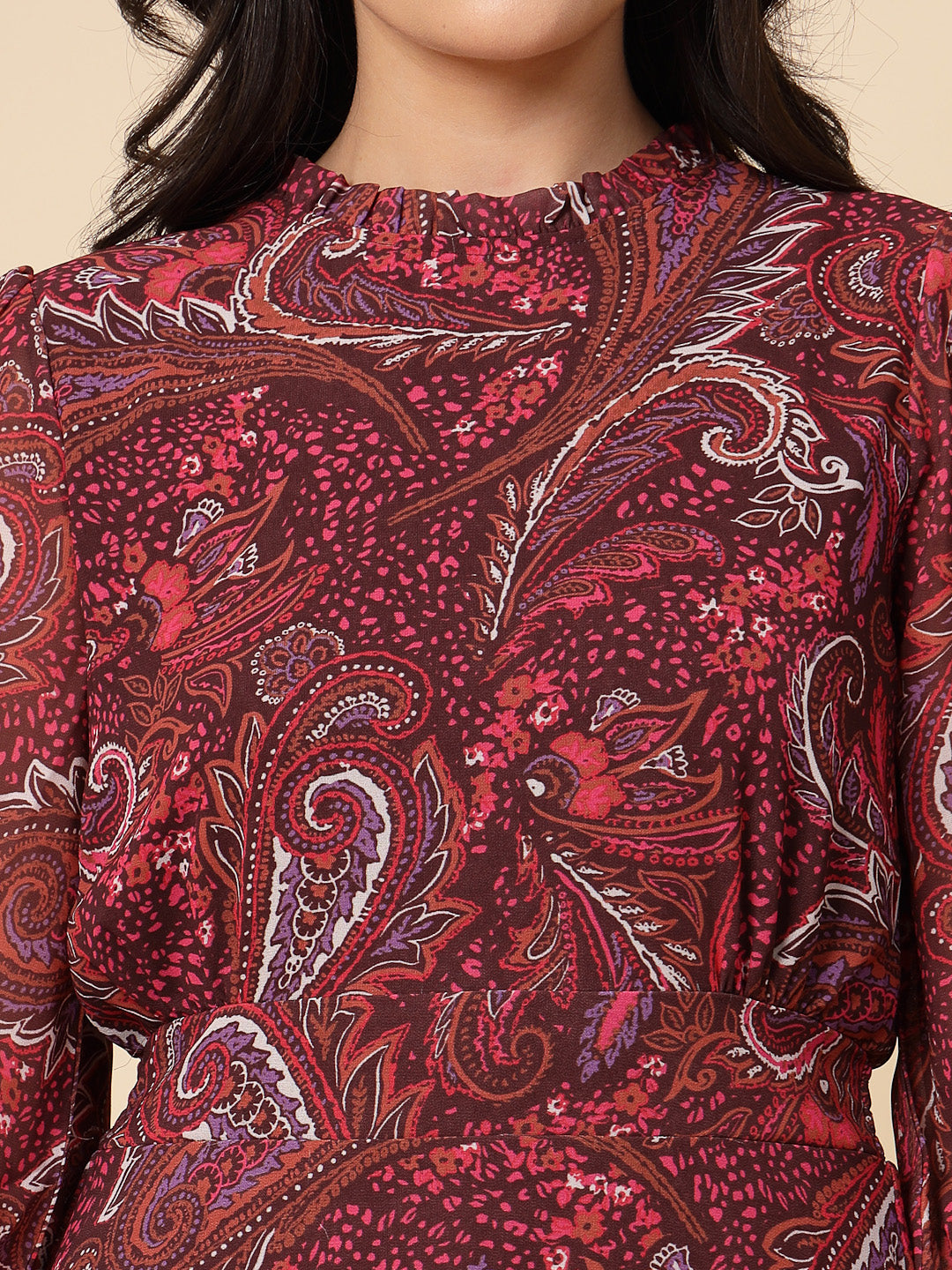 Gipsy Women Maroon Printed Georgette Bishop Full Sleeve Crew Frill Neck Midi Dress