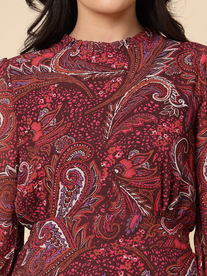Gipsy Women Maroon Printed Georgette Bishop Full Sleeve Crew Frill Neck Midi Dress