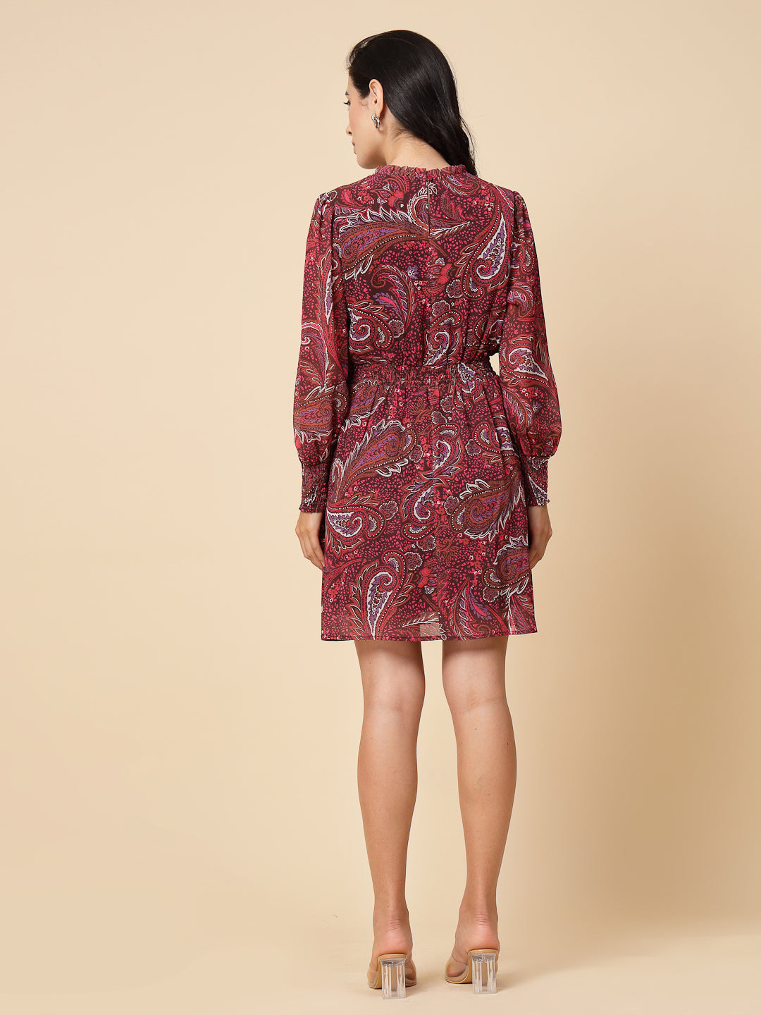 Gipsy Women Maroon Printed Georgette Bishop Full Sleeve Crew Frill Neck Midi Dress