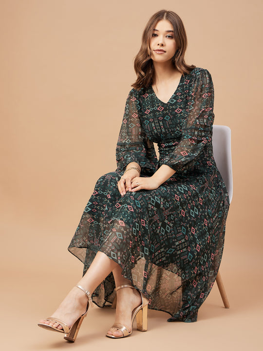 Gipsy Women Bottle Green Print Chiffon Bishop Sleeve V Neck Dress