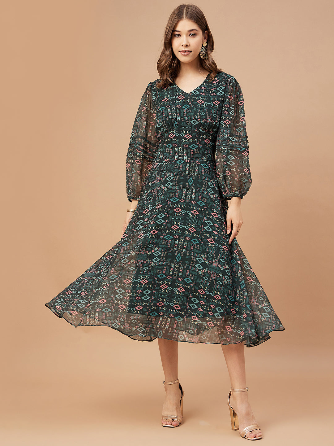 Gipsy Women Bottle Green Print Chiffon Bishop Sleeve V Neck Dress