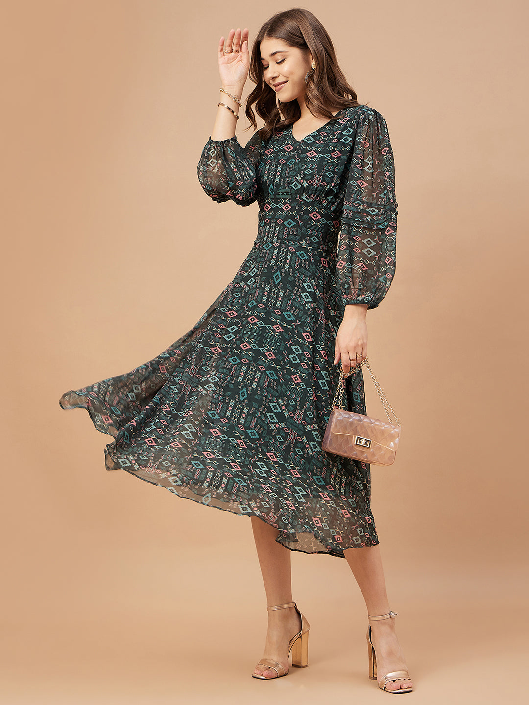 Gipsy Women Bottle Green Print Chiffon Bishop Sleeve V Neck Dress