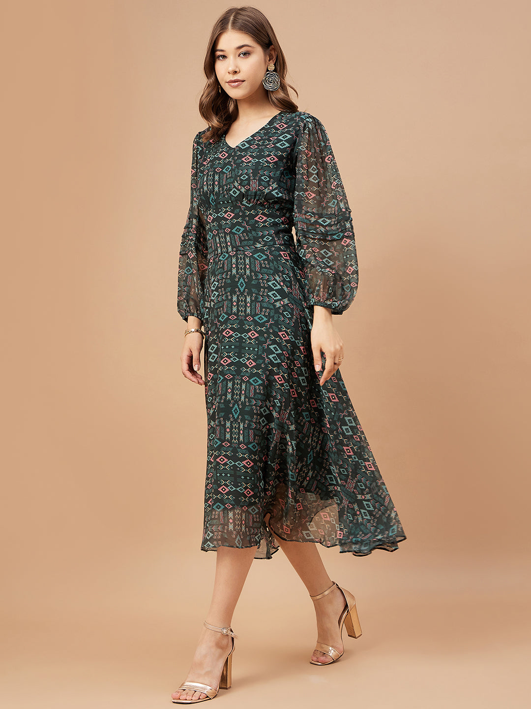 Gipsy Women Bottle Green Print Chiffon Bishop Sleeve V Neck Dress