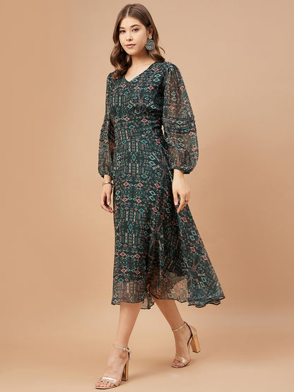 Gipsy Women Bottle Green Print Chiffon Bishop Sleeve V Neck Dress