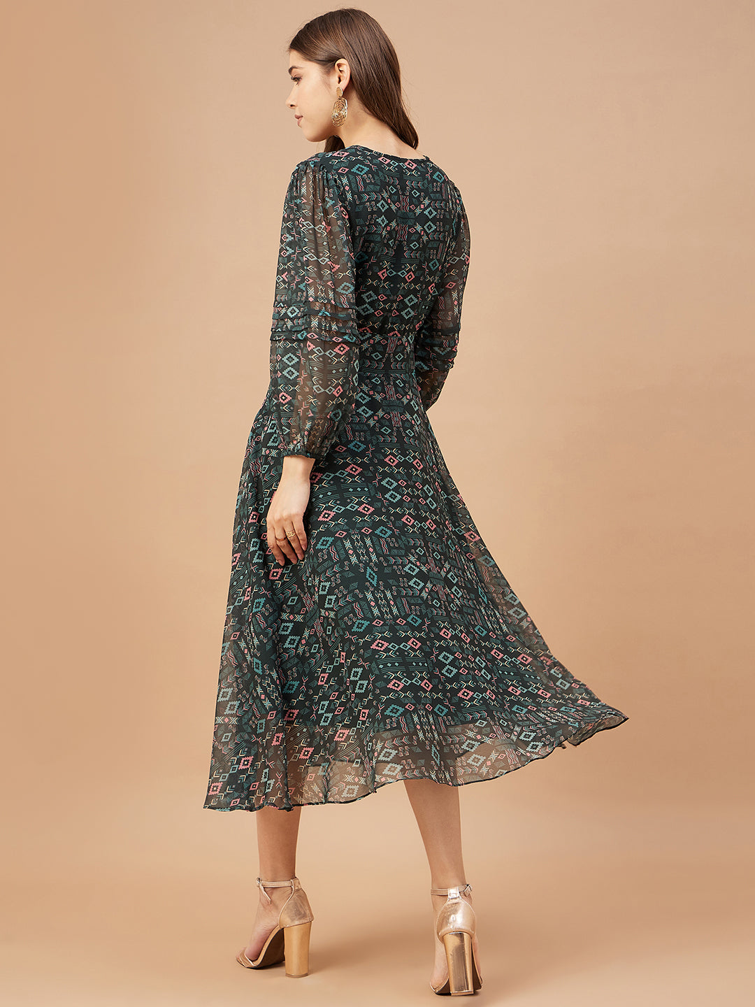 Gipsy Women Bottle Green Print Chiffon Bishop Sleeve V Neck Dress