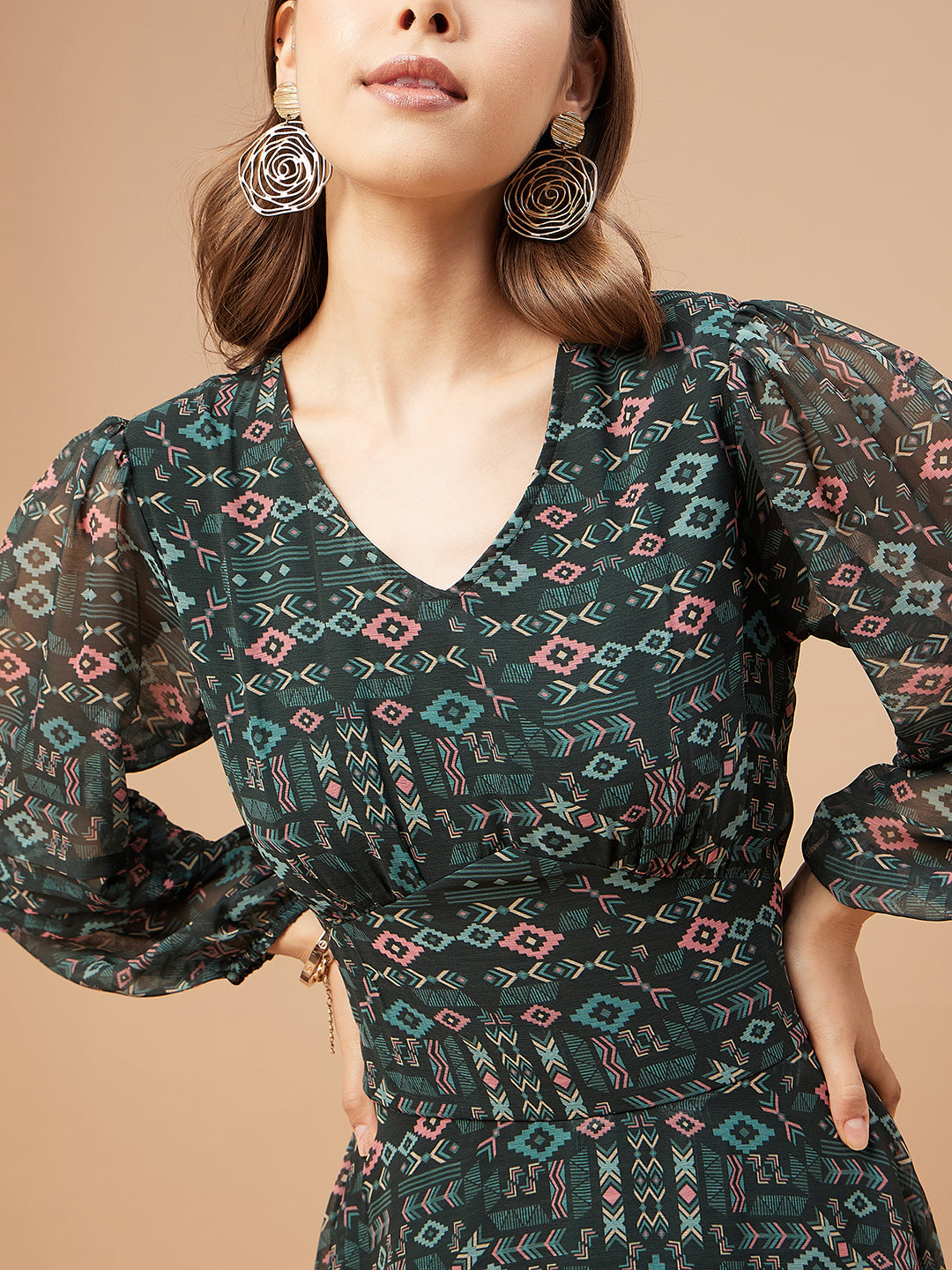Gipsy Women Bottle Green Print Chiffon Bishop Sleeve V Neck Dress