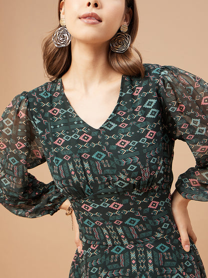Gipsy Women Bottle Green Print Chiffon Bishop Sleeve V Neck Dress