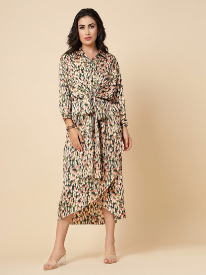 Gipsy Women Multi Printed Satin Bishop Full Sleeve Collared Neck Wrap Midi Dress