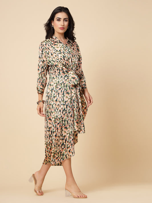 Gipsy Women Multi Printed Satin Bishop Full Sleeve Collared Neck Wrap Midi Dress
