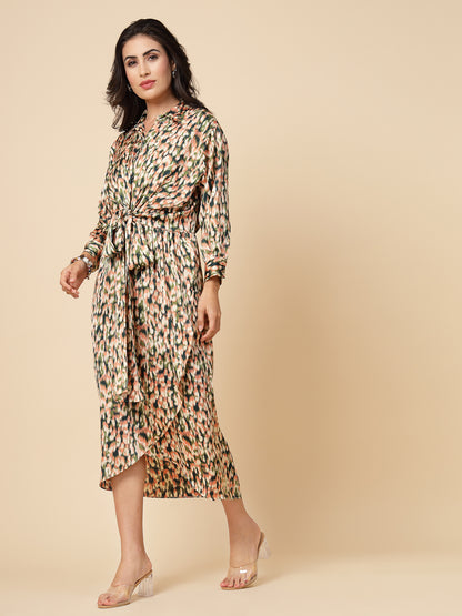 Gipsy Women Multi Printed Satin Bishop Full Sleeve Collared Neck Wrap Midi Dress