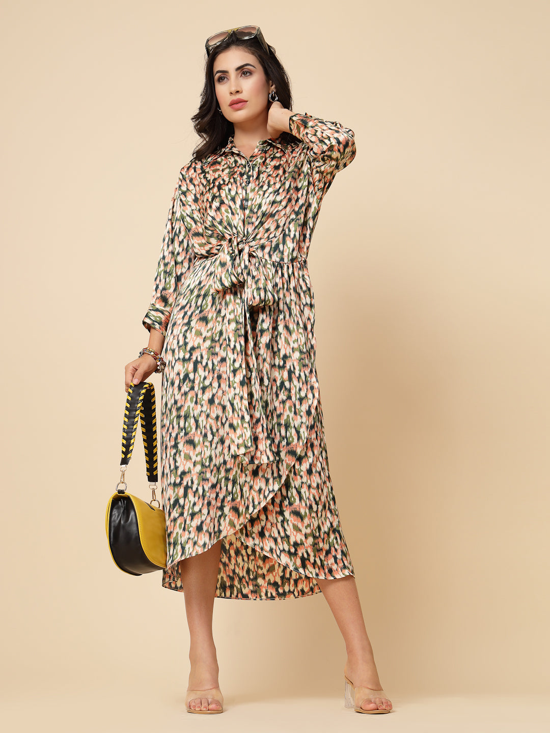 Gipsy Women Multi Printed Satin Bishop Full Sleeve Collared Neck Wrap Midi Dress