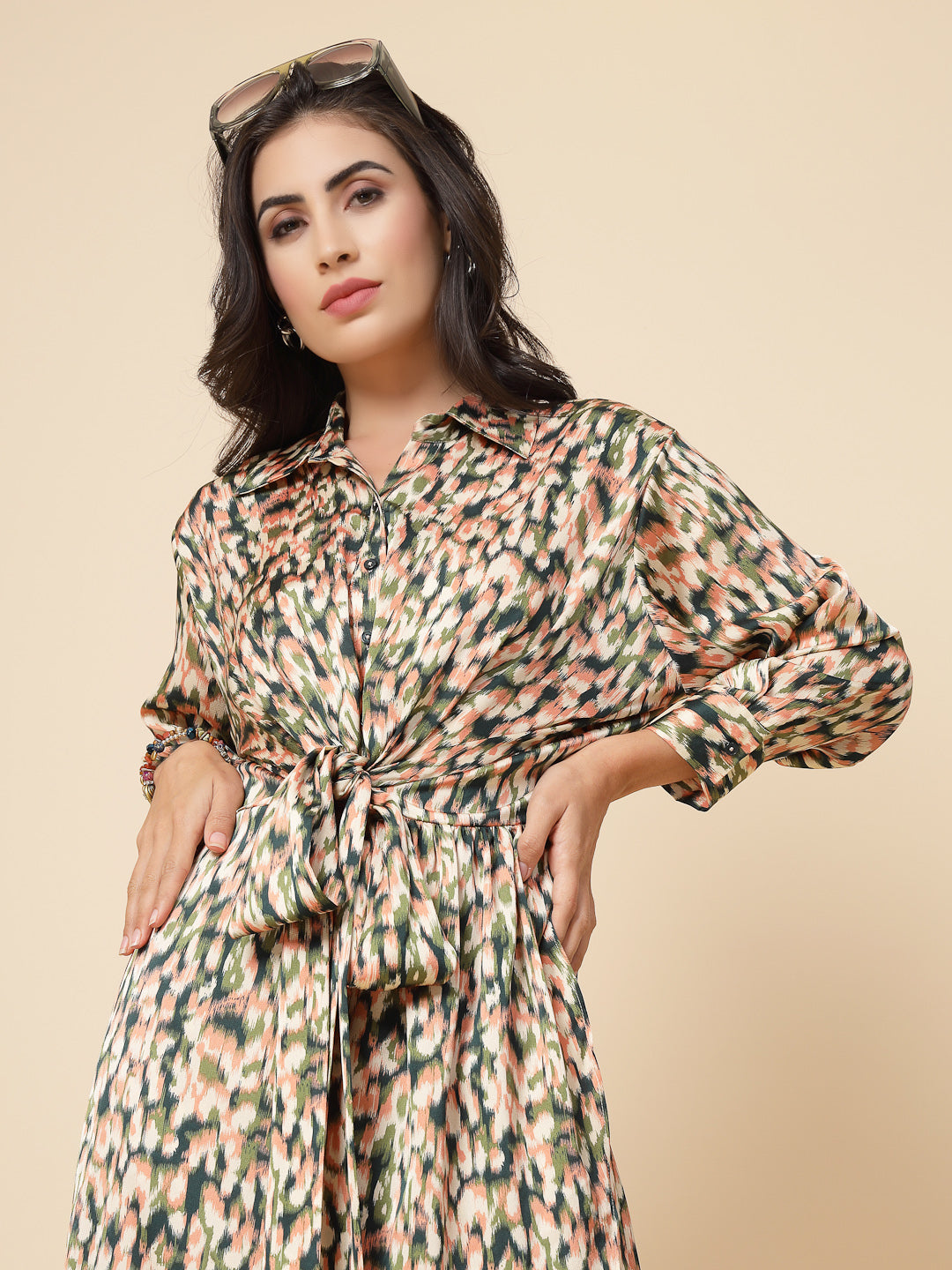 Gipsy Women Multi Printed Satin Bishop Full Sleeve Collared Neck Wrap Midi Dress