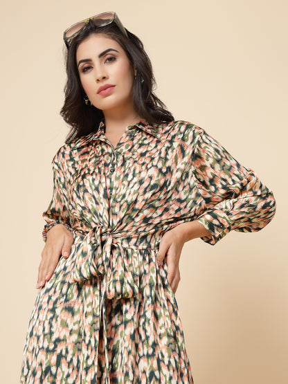 Gipsy Women Multi Printed Satin Bishop Full Sleeve Collared Neck Wrap Midi Dress