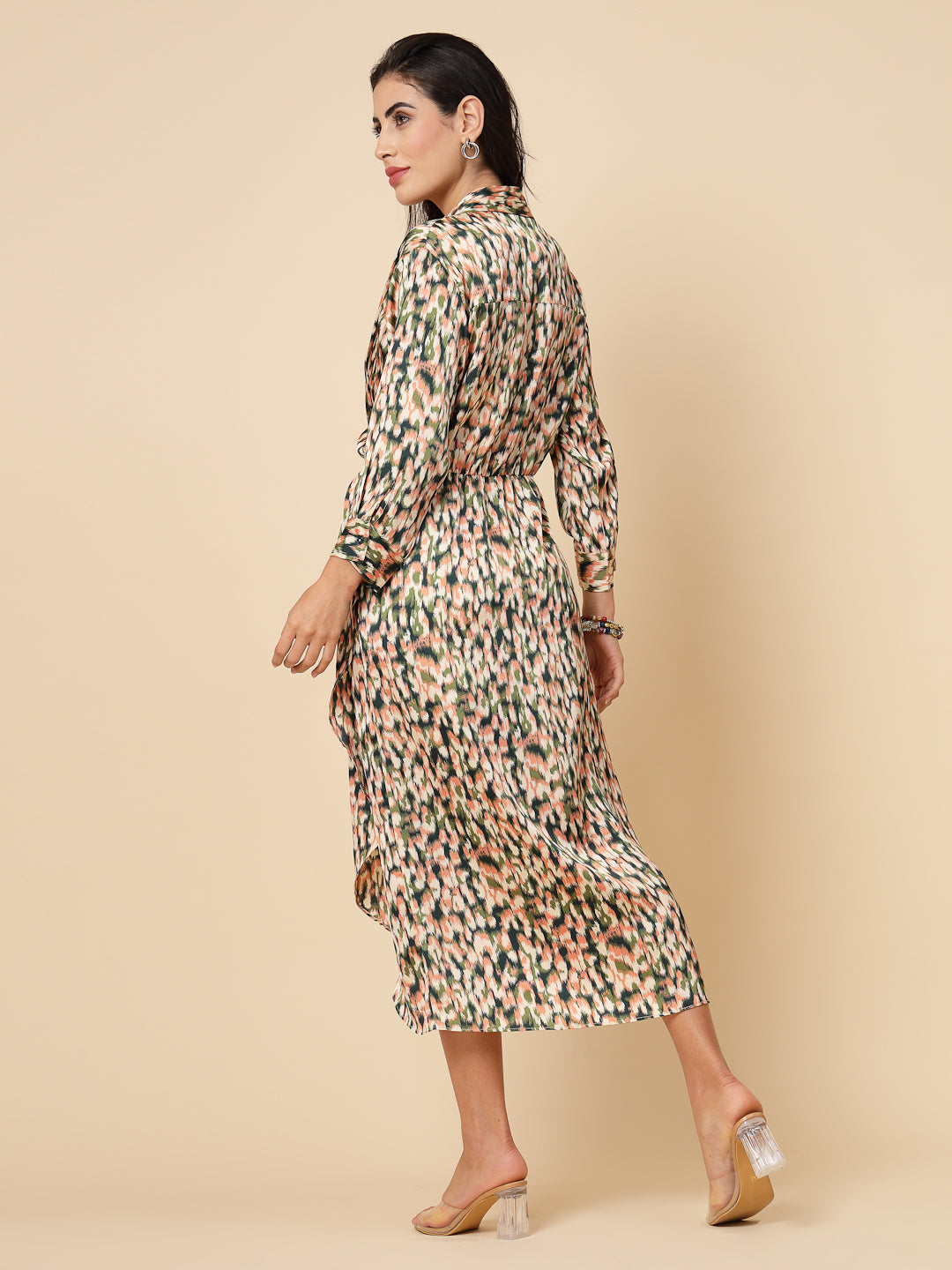 Gipsy Women Multi Printed Satin Bishop Full Sleeve Collared Neck Wrap Midi Dress