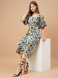 Gipsy Women Green Print Satin Regular Sleeve Sweetheart Neck Dress