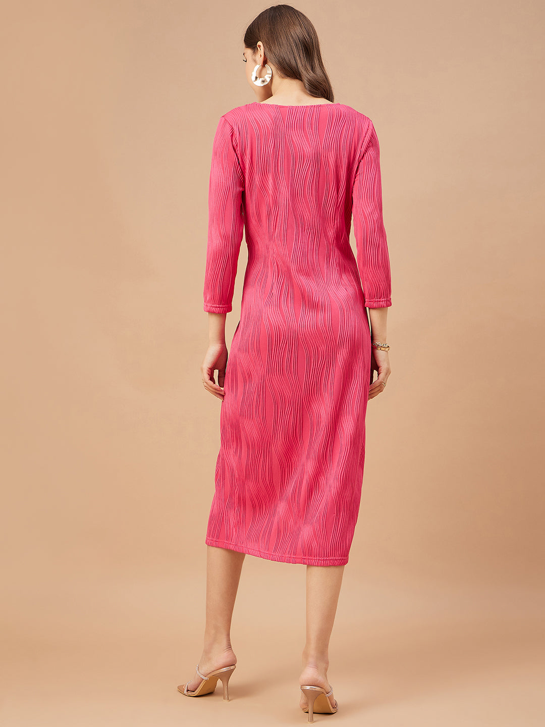 Gipsy Women Fushia Solid Polyester  Flutter Sleeve V Neck Dress