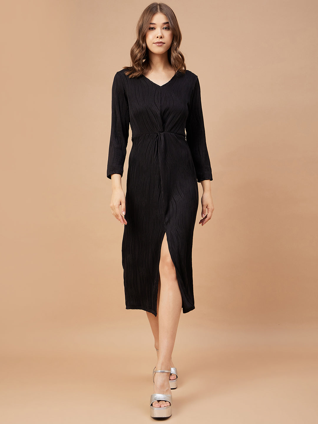 Gipsy Women Black Solid Polyester Flutter Sleeve V Neck Dress