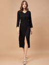 Gipsy Women Black Solid Polyester Flutter Sleeve V Neck Dress