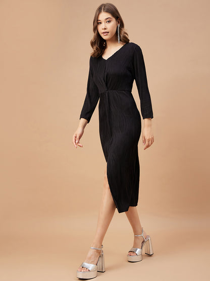 Gipsy Women Black Solid Polyester Flutter Sleeve V Neck Dress