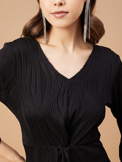 Gipsy Women Black Solid Polyester Flutter Sleeve V Neck Dress