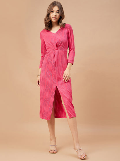Gipsy Women Fushia Solid Polyester  Flutter Sleeve V Neck Dress