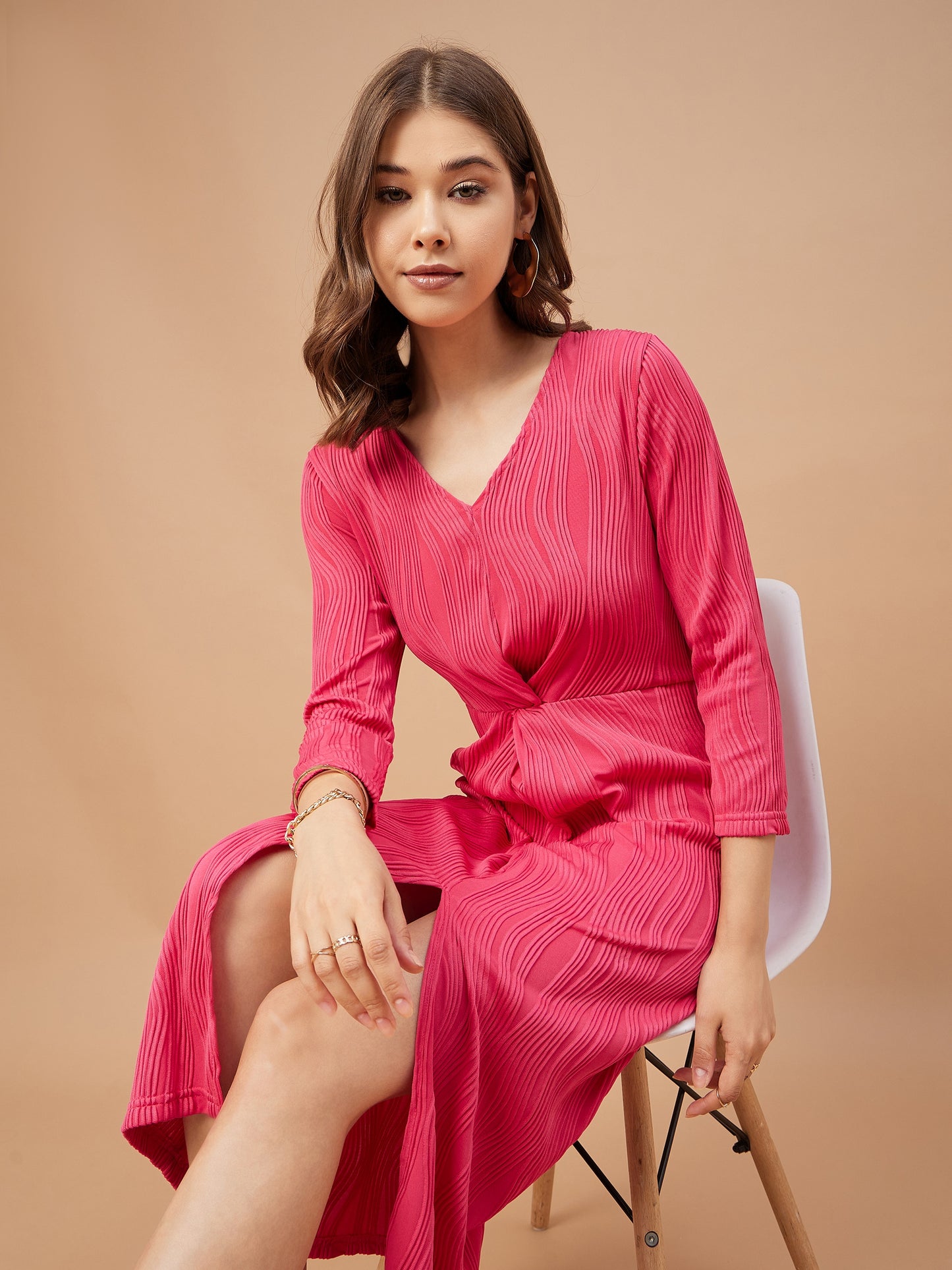Gipsy Women Fushia Solid Polyester  Flutter Sleeve V Neck Dress