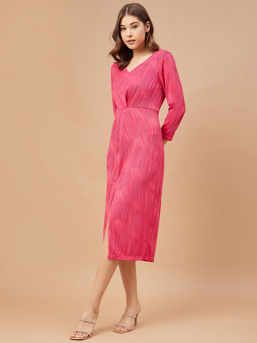 Gipsy Women Fushia Solid Polyester  Flutter Sleeve V Neck Dress
