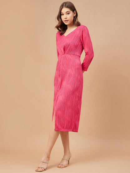 Gipsy Women Fushia Solid Polyester  Flutter Sleeve V Neck Dress