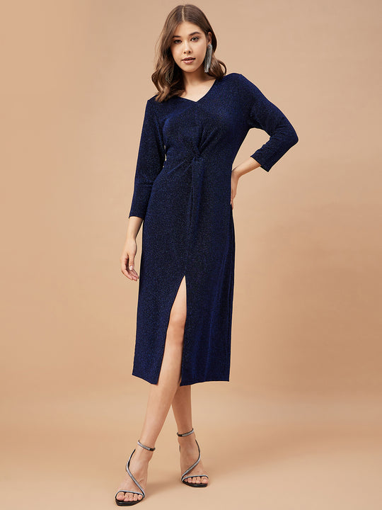 Gipsy Women Dark Blue Solid Polyester  Bell Sleeve V Neck Dress