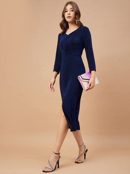 Gipsy Women Dark Blue Solid Polyester  Bell Sleeve V Neck Dress