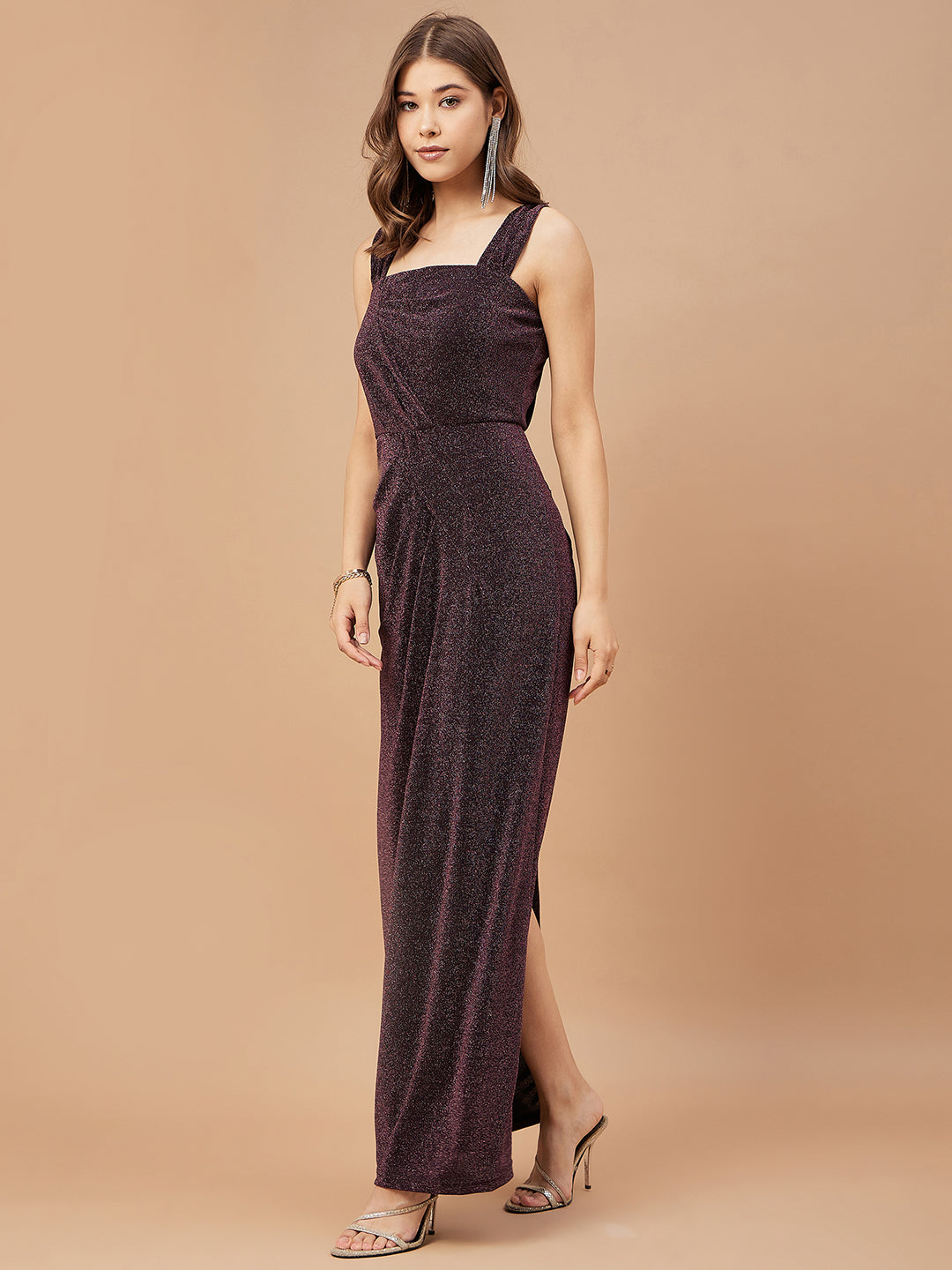 Gipsy Women Onion Pink Solid Polyester Regular Sleeve Square Neck Dress