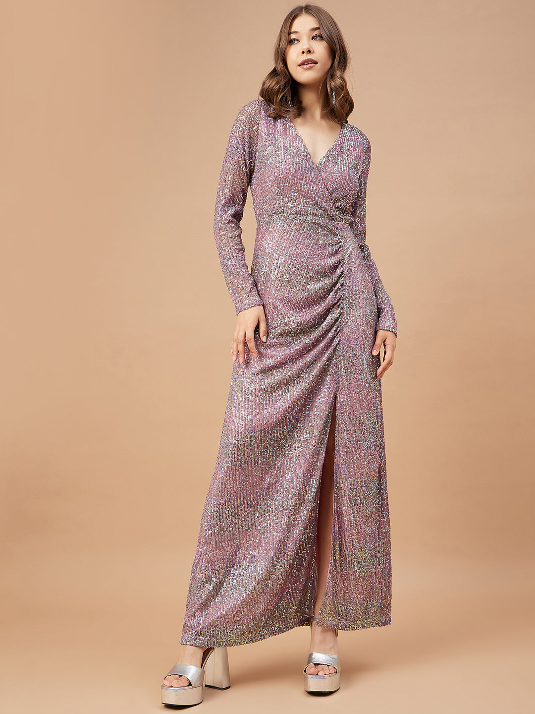 Gipsy Women Purple Solid Polyester Regular Sleeve V Neck Dress