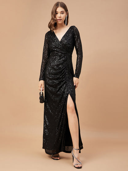 Gipsy Women Black Solid Polyester Regular Sleeve V Neck Dress