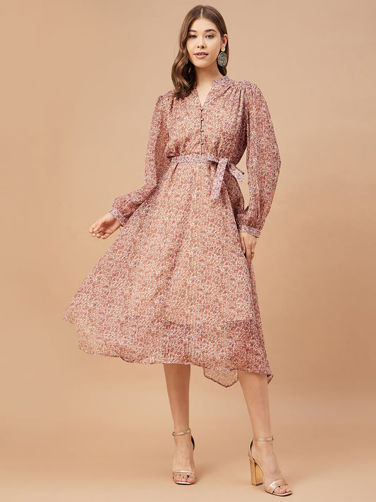 Gipsy Women Beige Print Chiffon Bishop Sleeve V Neck Dress